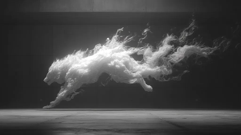 A grayscale image depicts a fantastical creature, resembling a wolf or canine, formed from swirling, ethereal smoke.  It's mid-leap, appearing weightless and almost ghostly against a dark, industrial-looking background. The contrast between the light smoke form and the shadowy setting creates a dramatic and mysterious atmosphere.  The creature's form is fluid and dynamic, suggesting motion and power.