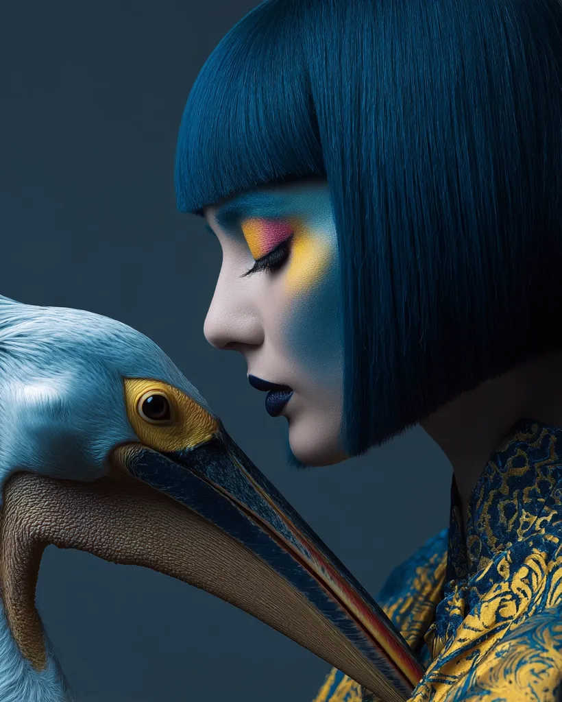 A striking close-up portrait showcases a woman with vibrant blue hair and bold, colorful makeup, her face painted with shades of blue, yellow, and pink.  She is in intimate proximity to a large pelican, its beak nearly touching hers.  The woman's clothing is a rich gold and blue brocade, contrasting with the muted background.  The overall mood is surreal and artistic, emphasizing the connection between the woman and the bird.