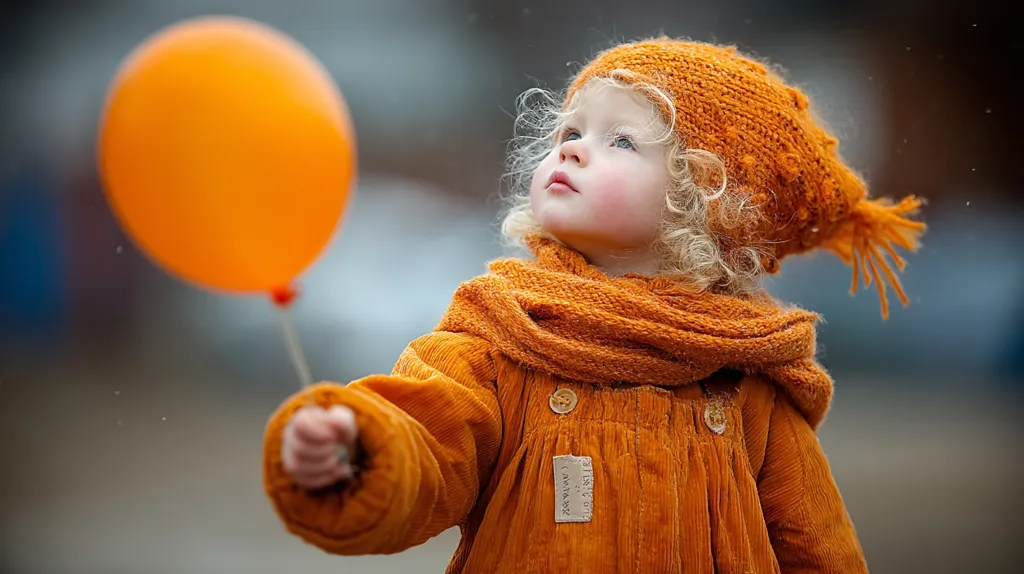 A toddler with curly blond hair, wearing an orange corduroy coat, hat, and scarf, looks up at an orange balloon she holds.  The background is blurred, suggesting an outdoor setting. The overall image is warm and evokes a feeling of childlike wonder and joy.