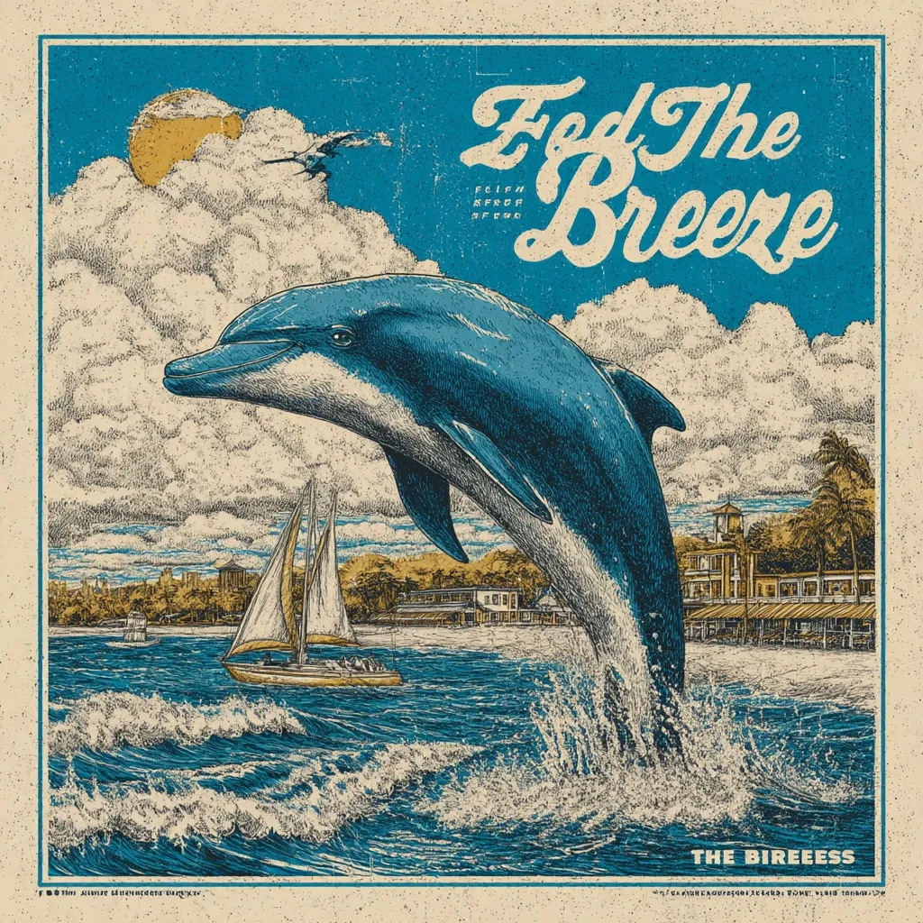 A vintage-style poster titled "Fed the Breeze" features a leaping dolphin in vibrant blue hues against a backdrop of a sunny coastal scene.  A sailboat glides on the water, while a beachfront building is visible in the distance. The artwork has a hand-drawn, slightly textured quality, evoking a nostalgic beach vibe. The text is stylized, adding to the retro aesthetic.  The overall feel is playful and reminiscent of summer.
