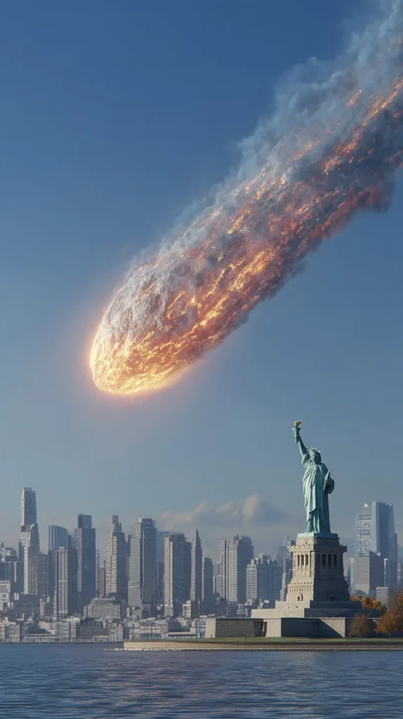 A fiery meteor streaks across the sky above the New York City skyline.  The Statue of Liberty stands in the foreground, silhouetted against the approaching celestial body.  The city's skyscrapers are visible in the distance, creating a dramatic contrast between the natural disaster and the iconic urban landscape.  The scene suggests impending doom and destruction.