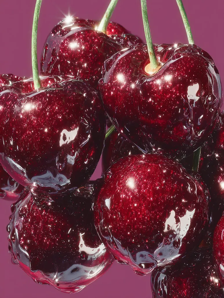 A cluster of glistening, dark red cherries hangs against a deep purple background.  Each cherry is coated in a glossy, almost jewel-like glaze, reflecting light with a sparkling effect.  The stems are green and vibrant, contrasting with the rich color of the fruit. The image has a surreal, almost otherworldly quality due to the intense shine and color.
