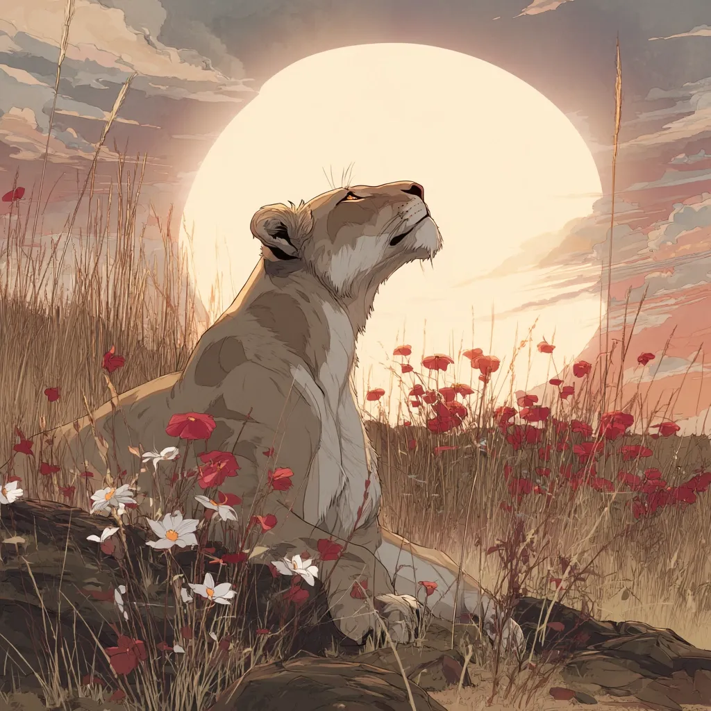 A majestic lioness rests in tall grass, gazing upward at a large, setting sun.  Red poppies and white daisies bloom around her.  The scene is serene and evokes a sense of peace and the beauty of the African savanna. The lioness's posture suggests contemplation or quiet strength. The style is painterly and digitally rendered, with soft light and muted tones.