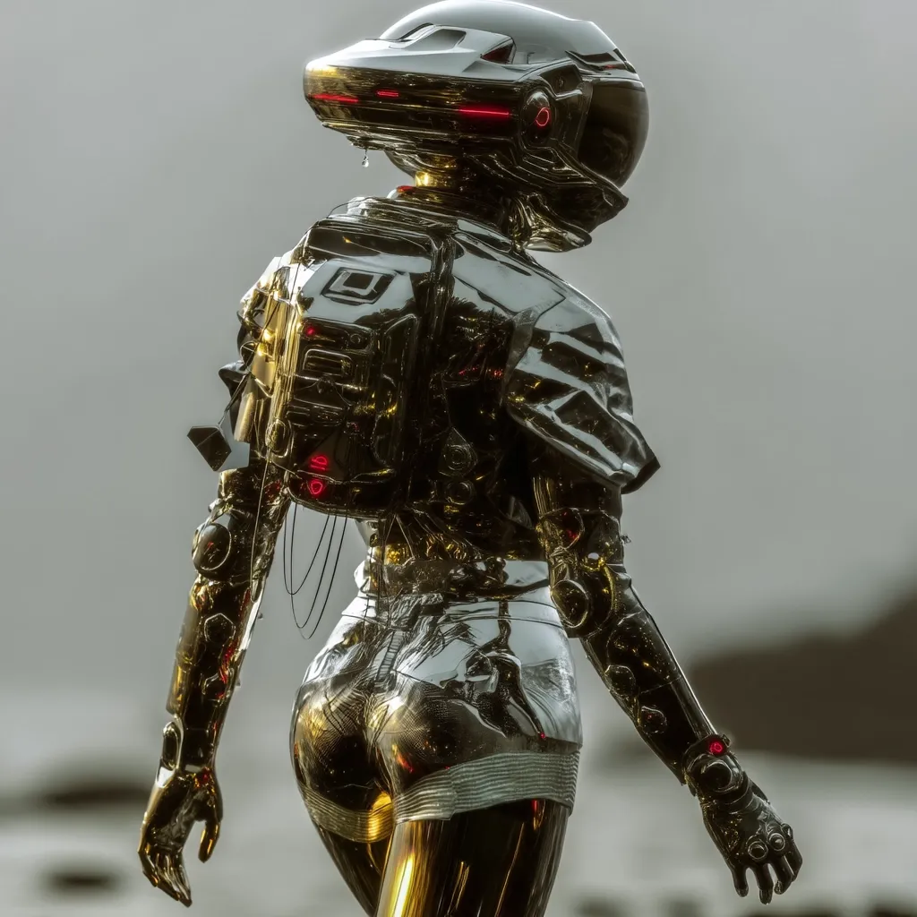 A chrome robotic female figure, viewed from behind, walks towards a muted, coastal background.  She wears a futuristic helmet, backpack, and form-fitting body armor.  The metallic surface reflects light, highlighting intricate details and suggesting a polished, almost liquid-like texture.  Red accents are subtly present on her armor and helmet.  The overall impression is one of advanced technology and a blend of human and machine aesthetics.