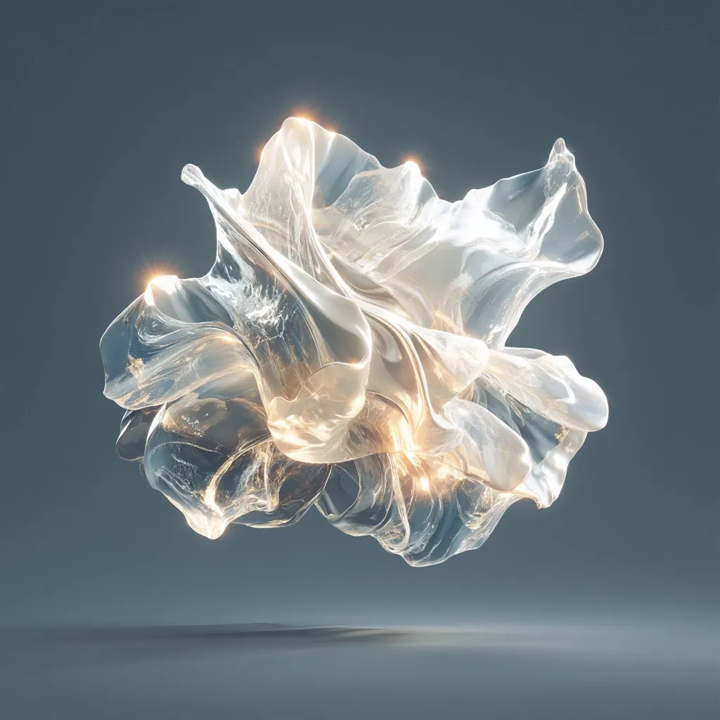 An abstract 3D rendering showcases a translucent, sculpted form resembling flowing liquid or molten glass.  The shape is organic and amorphous, with folds and curves creating a sense of movement.  Internal highlights and subtle glows emanate from within the sculpture, enhancing its ethereal and luxurious appearance against a muted blue-gray background.  The overall impression is one of elegance and fluidity.