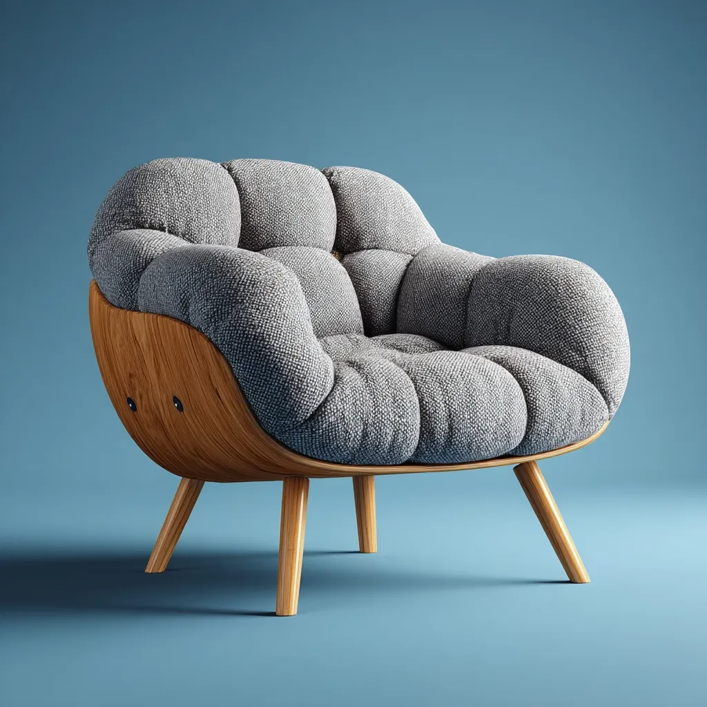 A modern armchair with a gray, tufted fabric cushion and light brown wooden legs and frame is shown against a muted blue background. The chair has a rounded, sculpted shape, offering a comfortable and stylish seating option.  Its unique design blends organic and geometric forms for a contemporary aesthetic.