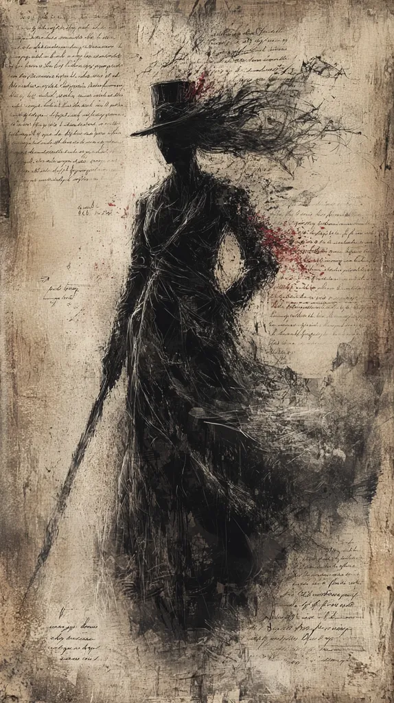 A monochromatic figure, cloaked and top-hatted, stands against a backdrop of aged parchment.  The figure's form is indistinct, almost dissolving into the textured background.  Windswept hair or perhaps disintegrating fabric flows behind them.  A long, dark object, possibly a weapon, is held at their side. The overall impression is one of mystery and decay, enhanced by the handwritten text overlaying the image.