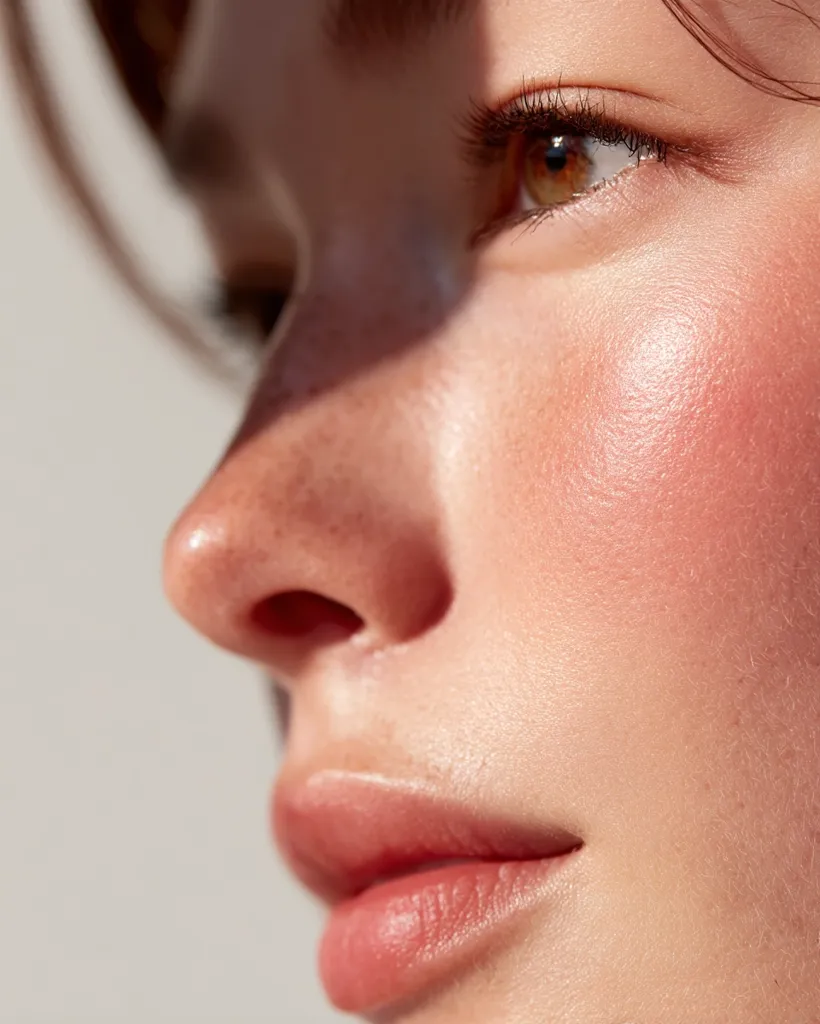 Close-up profile view of a woman's face, showcasing her smooth skin with a subtle rosy blush on her cheeks.  Her eye, partially visible, shows a warm brown color and long lashes. Soft lighting highlights the texture of her skin and the delicate curve of her lips. The overall impression is one of natural beauty and healthy complexion.