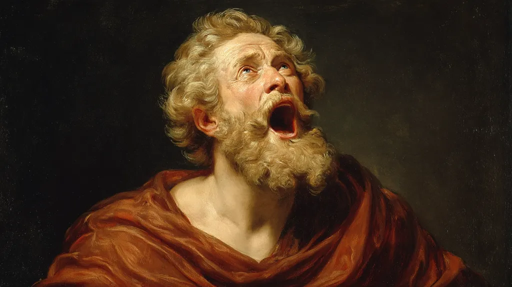 The painting depicts a close-up of an older man's head and shoulders. He has a full, blond beard and curly hair, and his mouth is open in a shout or cry. His expression is one of intense emotion, possibly pain or anguish. He wears a reddish-brown garment draped around his shoulders. The dark background emphasizes the figure. The style suggests a Baroque or classical approach to portraiture, focusing on realism and emotional intensity.