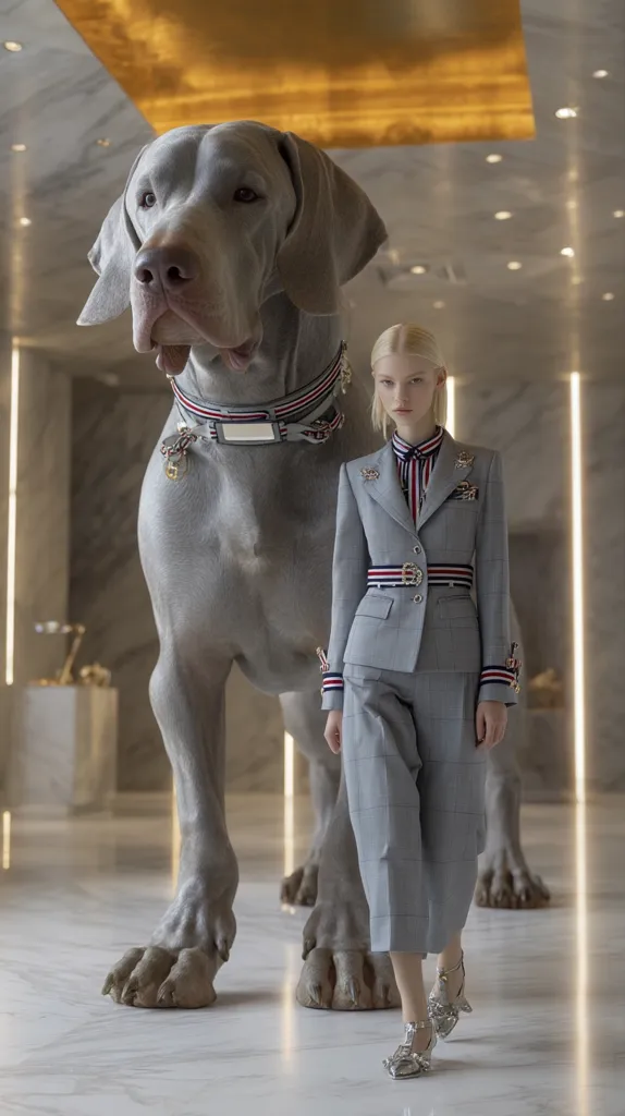 A woman in a light grey pantsuit stands beside an enormous, light grey Great Dane.  The dog wears a collar with a large, rectangular name tag. The woman's outfit is stylish and sophisticated, and her silver shoes complement the overall muted color palette. The scene is set in a modern, spacious interior with marble floors and subtle lighting. The contrast between the woman's size and the dog's emphasizes the dog's immense scale.