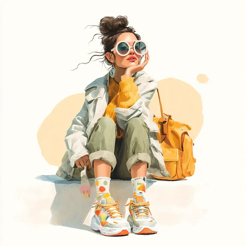 A stylish young woman with a messy bun sits on a wall, wearing a white jacket, mustard yellow sweater, and olive green pants.  She sports white oversized sunglasses and colorful patterned socks with chunky sneakers.  A mustard-colored backpack rests beside her.  The illustration is painted in a soft, impressionistic style against a pale yellow background.  She gazes pensively into the distance.