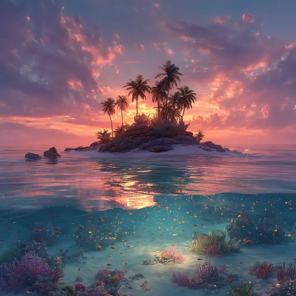 A picturesque tropical island, adorned with palm trees, sits serenely in the middle of a calm ocean at sunset.  The sky blazes with vibrant pink and orange hues, reflecting beautifully on the water's surface. Below the surface, a vibrant coral reef teems with colorful fish, creating a breathtaking underwater scene. The tranquil atmosphere evokes a sense of peace and paradise.