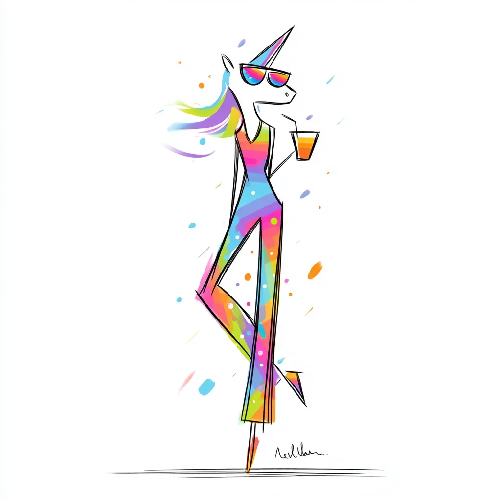 A stylized illustration of a unicorn, depicted as a fashionable woman.  The unicorn wears vibrant, rainbow-colored clothing and sunglasses, and casually holds a drink. The art style is loose and expressive, with splashes of color adding to the whimsical feel.  The overall impression is one of fun, summery energy.