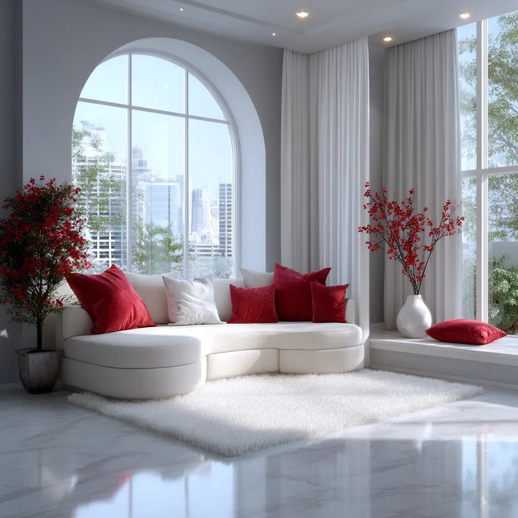 A modern living room features a curved white sectional sofa adorned with red throw pillows.  A large arched window offers a cityscape view, complemented by sheer white curtains.  Red flowering branches in a white vase and a potted red plant add pops of color.  A fluffy white rug anchors the seating area on a polished floor. The overall aesthetic is clean, minimalist, and luxurious.