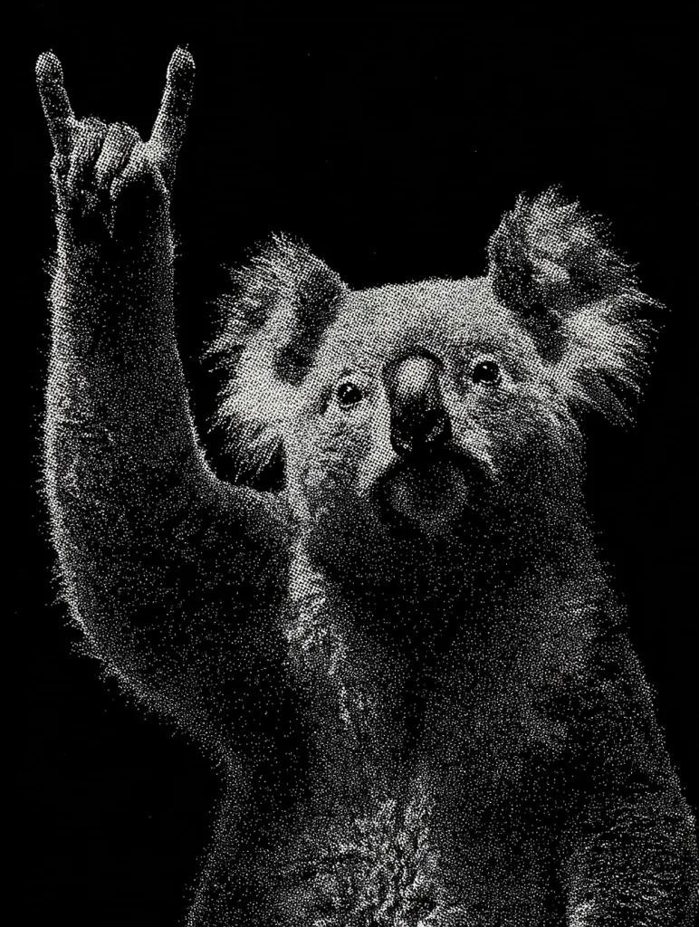 A black and white stylized image of a koala bear. The koala is depicted giving the "rock on" hand gesture with its left paw raised in the air.  The image has a pointillist or stipple effect, creating a textured look against a solid black background. The koala's expression is neutral, adding to the humorous juxtaposition of the animal and the gesture.
