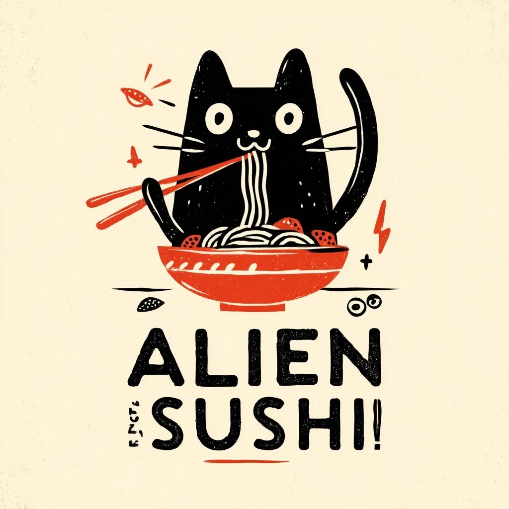 A whimsical illustration features a black cat enthusiastically consuming noodles from a red bowl using chopsticks.  The bowl contains noodles and what appear to be strawberries. The design is stylized with a textured, hand-drawn aesthetic.  Below, the words "ALIEN SUSHI!" are boldly displayed, giving the image a playful and quirky feel.  Small details like floating food particles and lightning bolts add to the whimsical nature of the art.