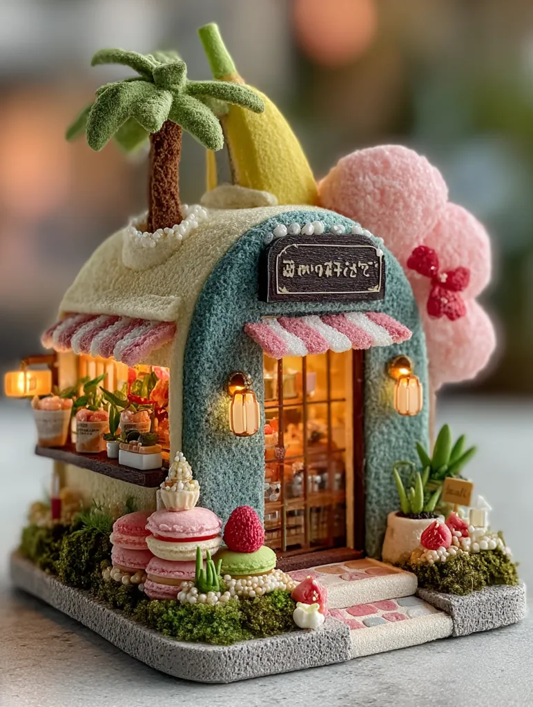 A charming miniature shop, crafted with meticulous detail, features a whimsical design.  A teal-colored building, adorned with pastel pink awnings and a banana-shaped roof, topped with a miniature palm tree, sits amidst a vibrant garden.  The shop's interior is visible, showcasing sweet treats.  Small lights add a warm glow, enhancing the enchanting scene.  Macarons and other confectioneries are displayed outside, adding to the delightful aesthetic. The overall impression is one of playful artistry and sweetness.