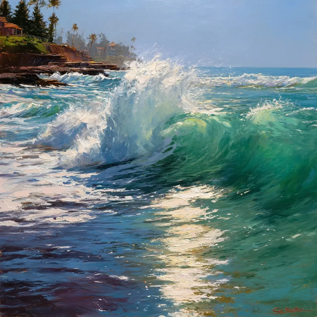 A vibrant oil painting captures a powerful ocean wave crashing near a rocky shoreline.  The wave's turquoise-green body contrasts with the white foam of its crest, illuminated by bright sunlight.  Palm trees and houses are visible on the cliff in the background, suggesting a tropical or subtropical location.  The artist uses impasto techniques to create texture and movement, showcasing the wave's energy and the sparkling reflection of the sun on the water.