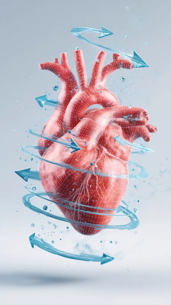 A 3D rendered human heart is depicted, its surface a wireframe mesh overlaid on a realistic red anatomical model.  It's surrounded by swirling, translucent blue water-like streams, forming dynamic circular arrows suggesting the constant flow and rhythm of blood circulation. The image conveys a sense of motion and the vital function of the heart.