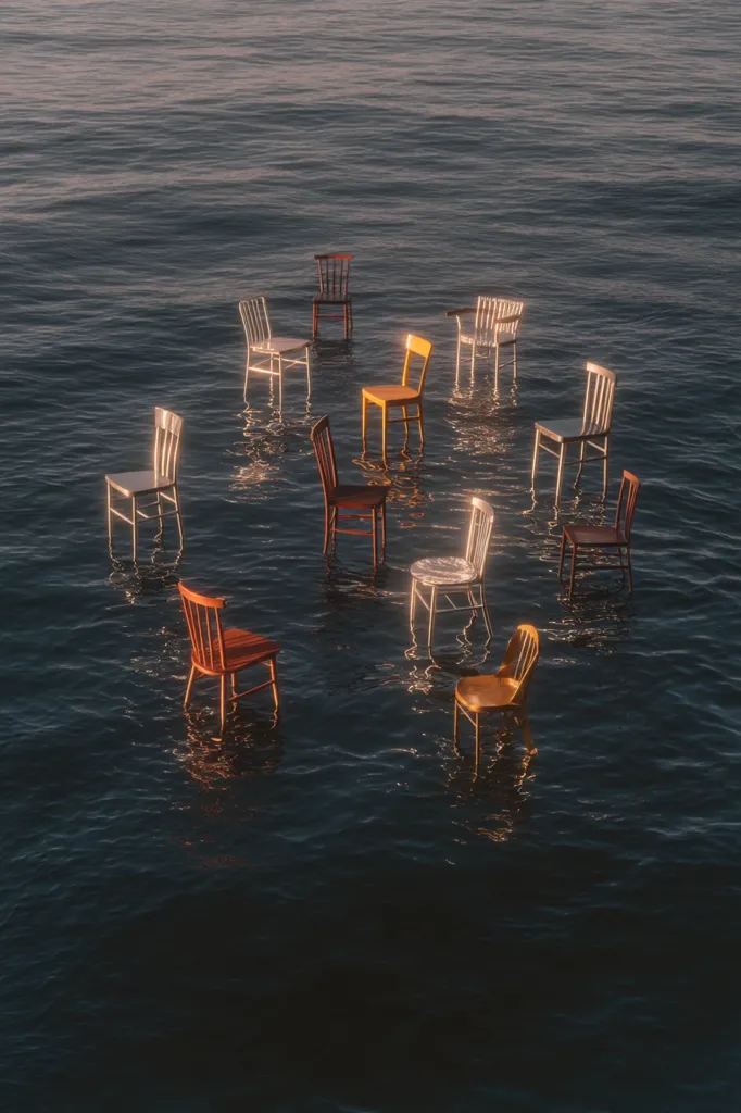 A surreal image depicts numerous chairs of varying colors and styles partially submerged in calm, dark water.  The chairs are scattered, creating a sense of abandonment or isolation.  The scene is bathed in soft, golden light, likely from the setting or rising sun, casting reflections on the water's surface. The overall mood is serene yet slightly unsettling.