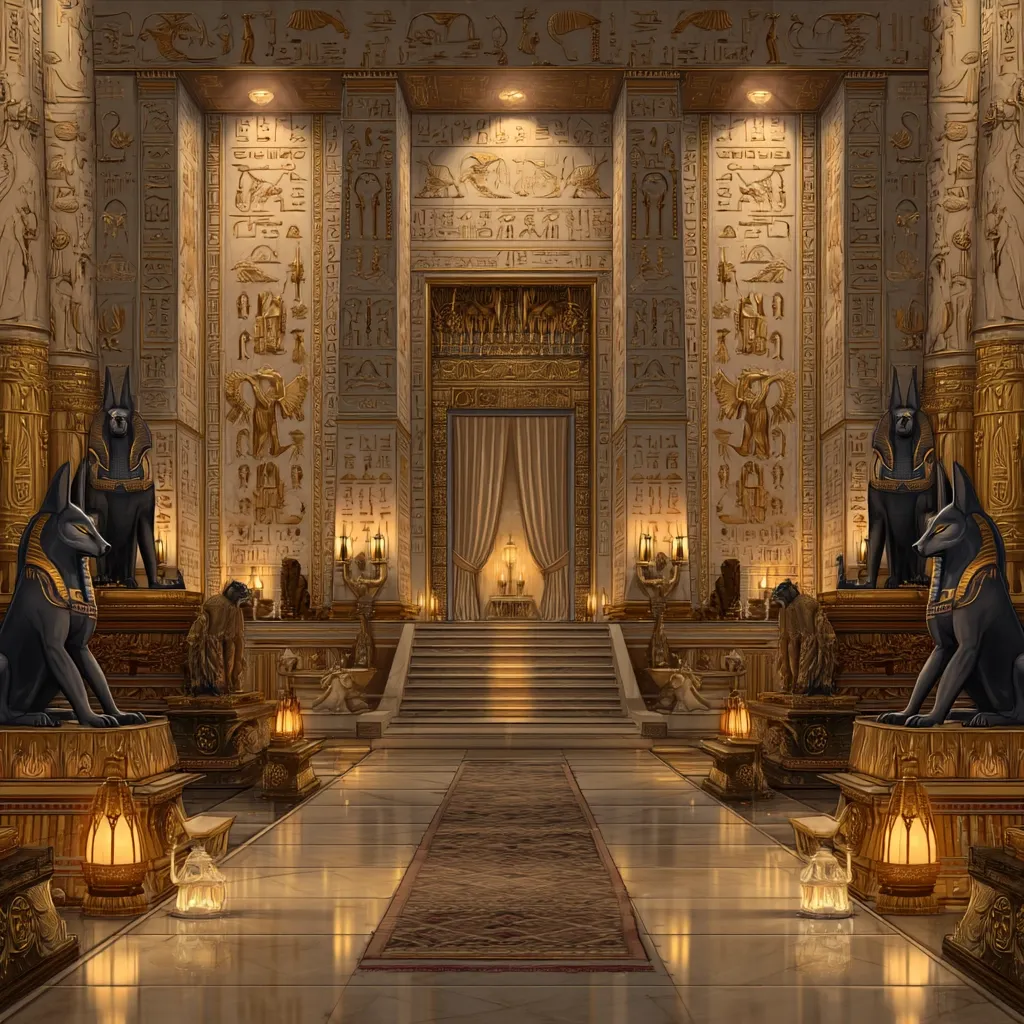 The image depicts a grand, opulent hall, richly adorned in the style of ancient Egypt.  Hieroglyphs cover the walls, flanking a central staircase leading to a golden doorway draped with curtains.  Statues of Anubis, the jackal-headed god, stand guard on either side, atop ornate golden pedestals.  Candles and lanterns illuminate the polished floors and meticulously detailed architecture, creating a warm, atmospheric scene.