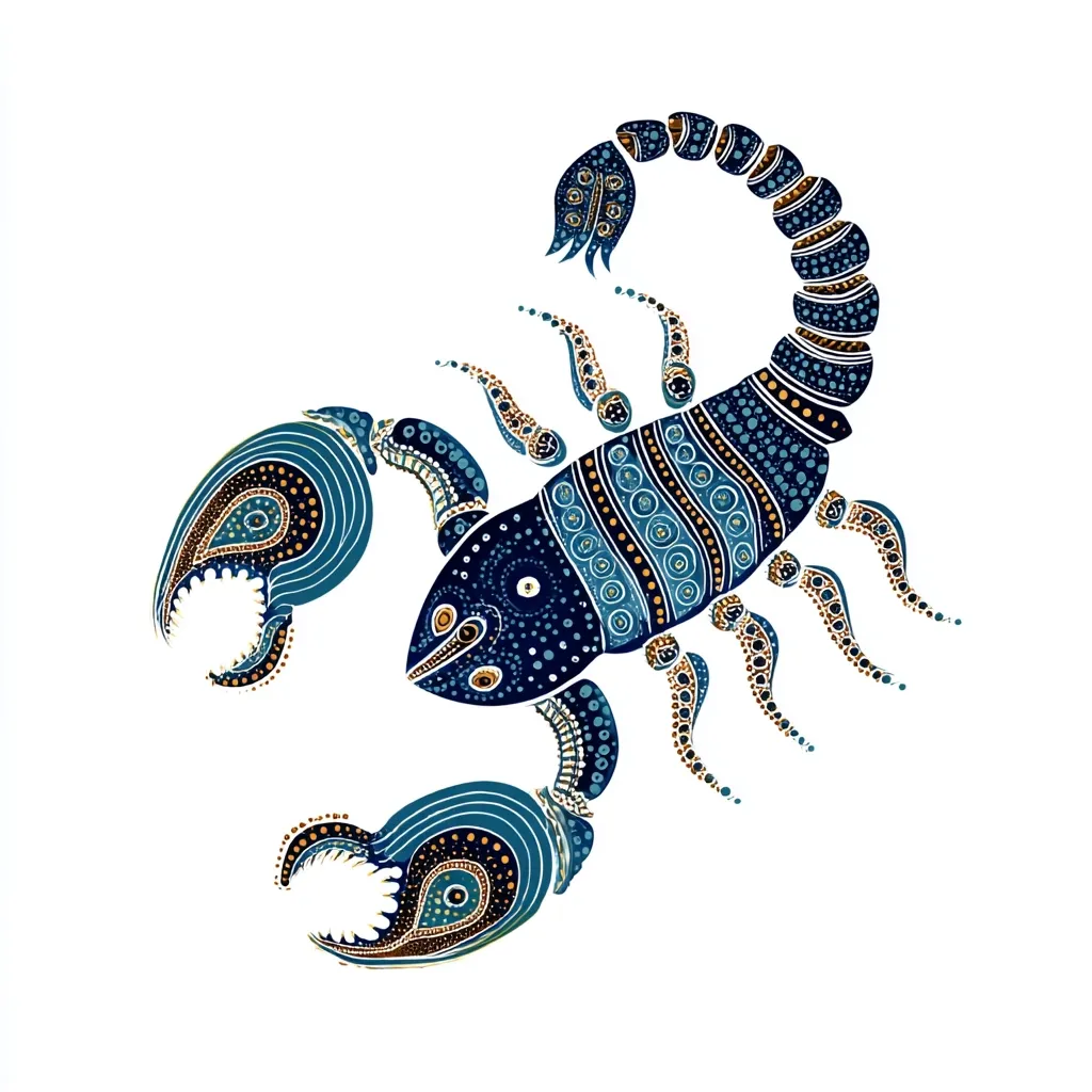 An intricately designed scorpion is depicted against a white background.  The scorpion's body is predominantly dark teal and navy blue, adorned with a pattern of small dots and curved lines in gold and lighter blue.  The design style suggests Aboriginal art influences, with its detailed and repetitive motifs. The scorpion is shown in profile, its tail curled upwards, claws extended.