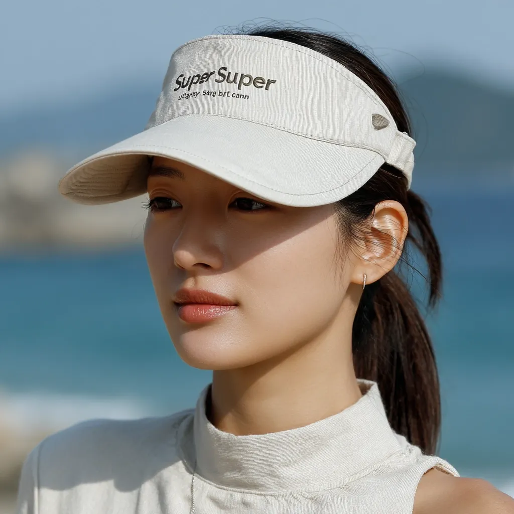 A young woman with dark hair pulled back in a ponytail wears a beige sun visor with "Super Super" embroidered on it.  The visor has a slightly curved brim. She's wearing a matching beige top and is standing outdoors near a body of water, sunlight illuminating her face. Her expression is serene and calm.