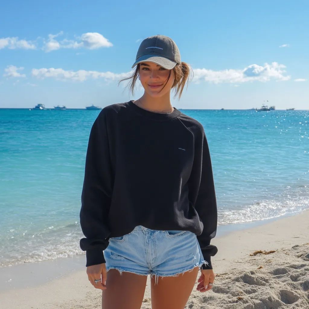 A young woman smiles at the camera on a sunny beach. She wears a black sweatshirt, light blue denim shorts, and a gray baseball cap.  The turquoise ocean is in the background with several boats visible on the horizon.  The sand is light-colored, and the overall mood is relaxed and cheerful.