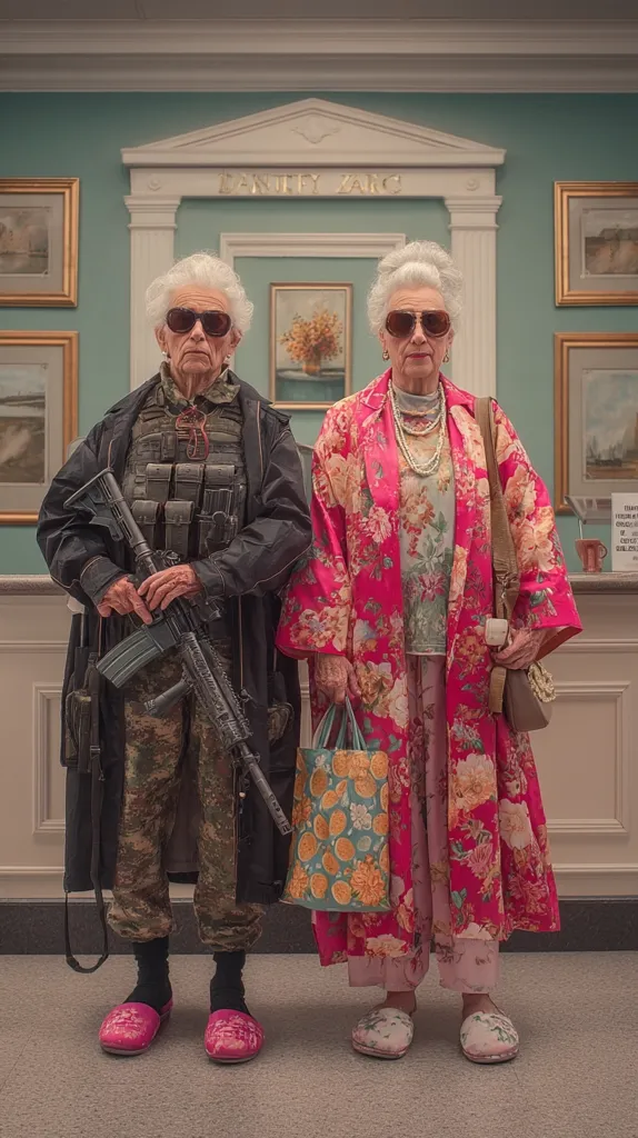 Two elderly women, dressed in floral robes and sunglasses, stand in a lobby.  One carries a rifle and wears camouflage pants under a black jacket; the other carries a shopping bag.  Both wear pink slippers.  The setting appears to be a formal building, with framed artwork on the walls and a reception desk visible.  The juxtaposition of their attire is striking and humorous.