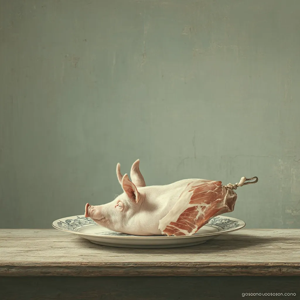 A pig's head, meticulously prepared, rests on a vintage plate.  Part of the pig is expertly cured, revealing a slice of jamón. The scene is set against a muted green backdrop, creating a stark yet elegant still life. The image evokes a sense of both delicacy and the raw reality of meat preparation.  The lighting is soft and diffused, highlighting the texture of the pig's skin and the cured ham.