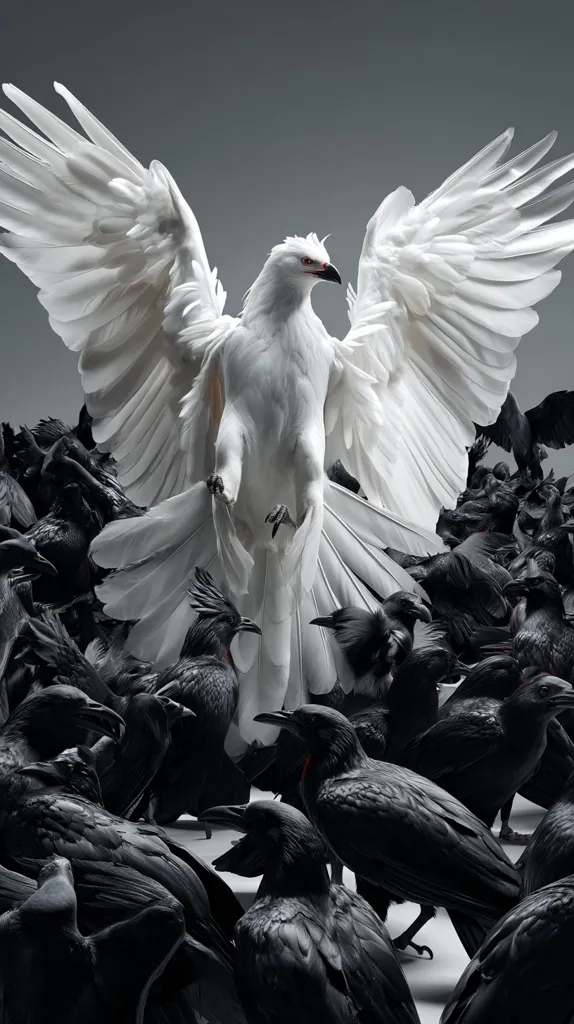 A majestic white bird with outstretched wings stands amidst a flock of black birds.  The contrast between the pure white plumage of the central bird and the dark feathers of the surrounding crows is striking. The image creates a powerful visual metaphor of purity against darkness, or perhaps of an individual standing out from the crowd.  The white bird's pose suggests strength and dominance.