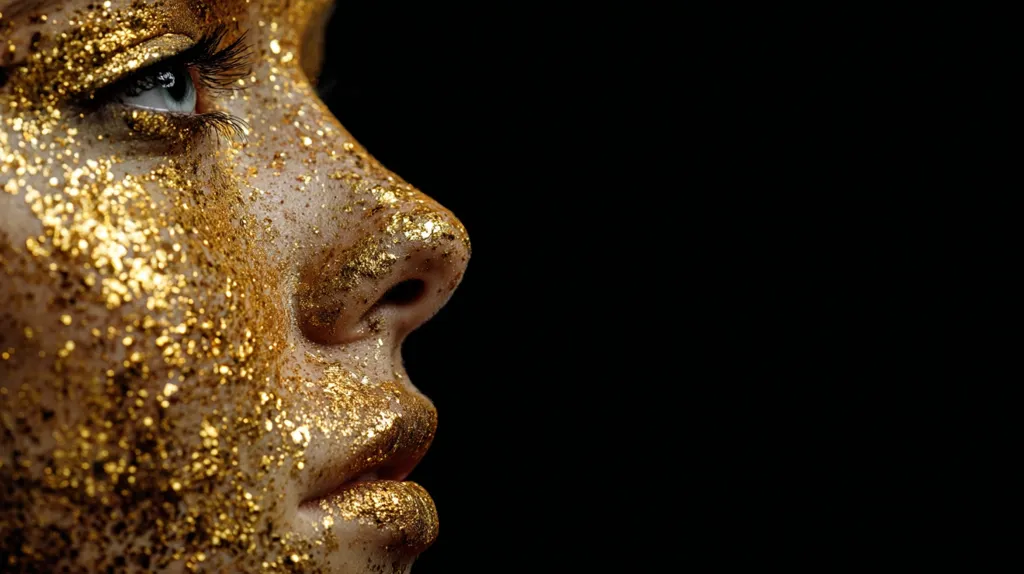 A close-up profile view of a woman's face, heavily adorned with gold glitter. The glitter covers her skin, eyelids, and lips, creating a striking, luxurious effect against the stark black background.  Her eye is partially visible, showcasing long lashes and a hint of blue. The image emphasizes texture and the contrast between the gold and the darkness.