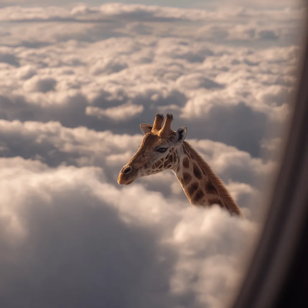 A giraffe's head and neck emerge from a thick layer of clouds, its spotted coat visible against the soft, light-filled sky.  The scene is serene and surreal, evoking a sense of wonder and tranquility. The clouds are fluffy and voluminous, creating a dreamlike backdrop for the giraffe.  The image suggests a feeling of height and vastness.