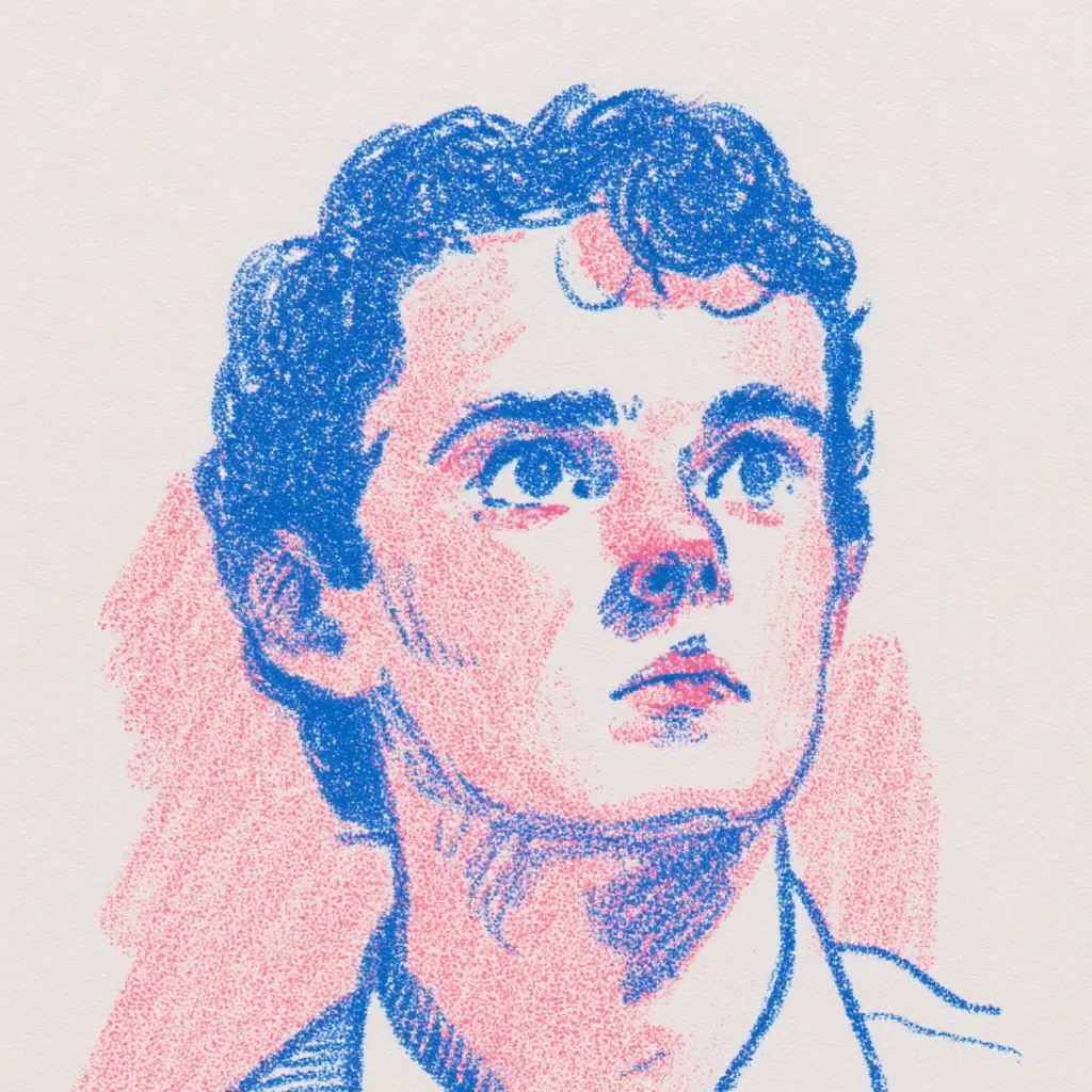 A stylized portrait of a young man, rendered in shades of blue and pink.  His short, curly hair is dark blue, contrasting with his light skin tone depicted in pale pink stippling.  His expression is thoughtful, his gaze directed upward and slightly to the side. The textured style suggests a crayon or pastel drawing technique. The background is a muted off-white.