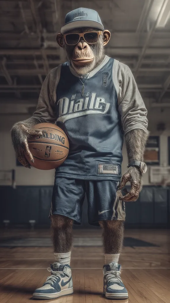 A chimpanzee, dressed in a stylish basketball jersey, shorts, and sneakers, holds a basketball.  He sports a backwards baseball cap and sunglasses, conveying a cool and confident demeanor. The setting appears to be an indoor basketball court. The image is digitally created, showcasing realistic fur and clothing details on the primate.