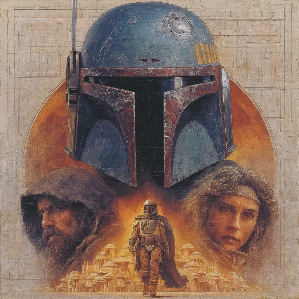 A stylized painting features a large Boba Fett helmet dominating the upper half. Below, a hooded figure with a beard and a young woman with wavy hair flank a Mandalorian walking towards a desert city. The color palette is muted earth tones with pops of orange and gold, creating a gritty, atmospheric scene reminiscent of Star Wars. The composition suggests a narrative of mystery and adventure in a faraway land.