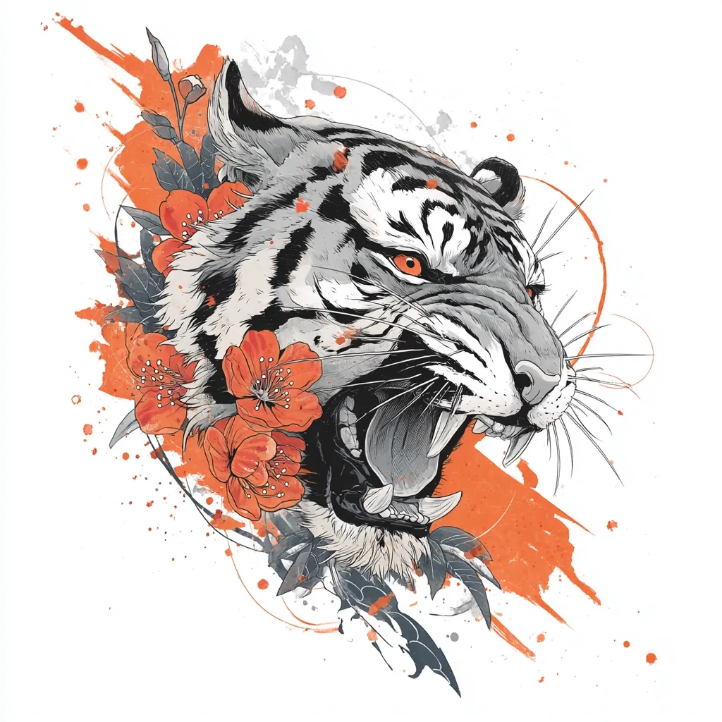 A stylized illustration of a tiger's head, rendered in grayscale with orange watercolor accents.  The tiger's mouth is open in a roar, showcasing sharp teeth.  Vibrant orange blossoms, possibly cherry blossoms, are depicted around the tiger's head, creating a striking contrast against the monochromatic animal.  The background features abstract splashes of orange and gray, enhancing the artwork's dynamic energy.