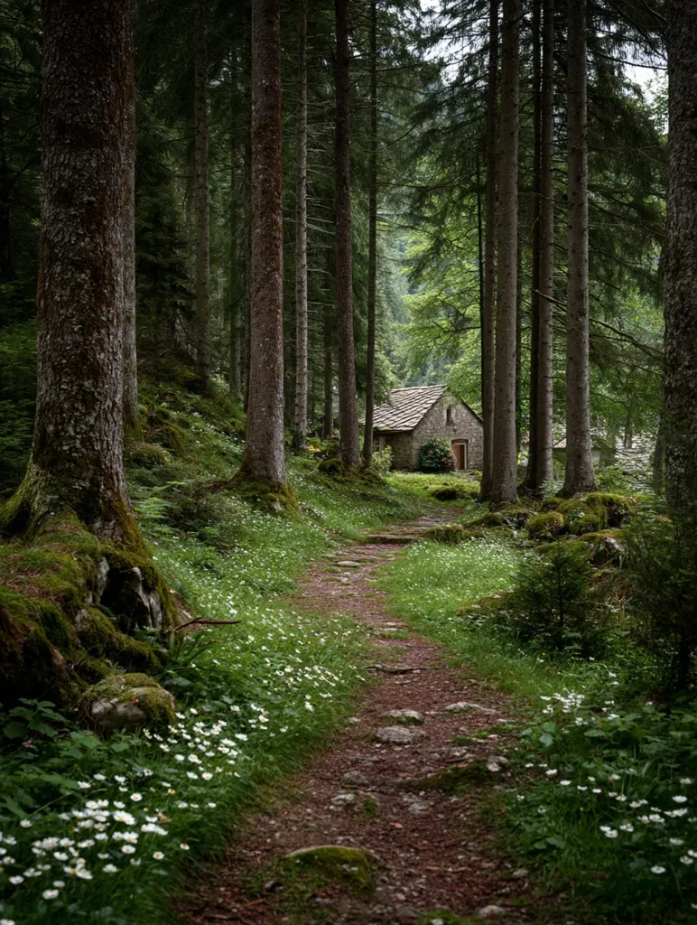 A secluded stone chapel nestles within a dense, verdant forest. A meandering path, edged with wildflowers, leads directly to it, creating an idyllic, tranquil scene.  Tall, moss-covered trees form a natural archway over the path, casting dappled shade. The atmosphere is peaceful and serene, evoking a sense of seclusion and natural beauty.