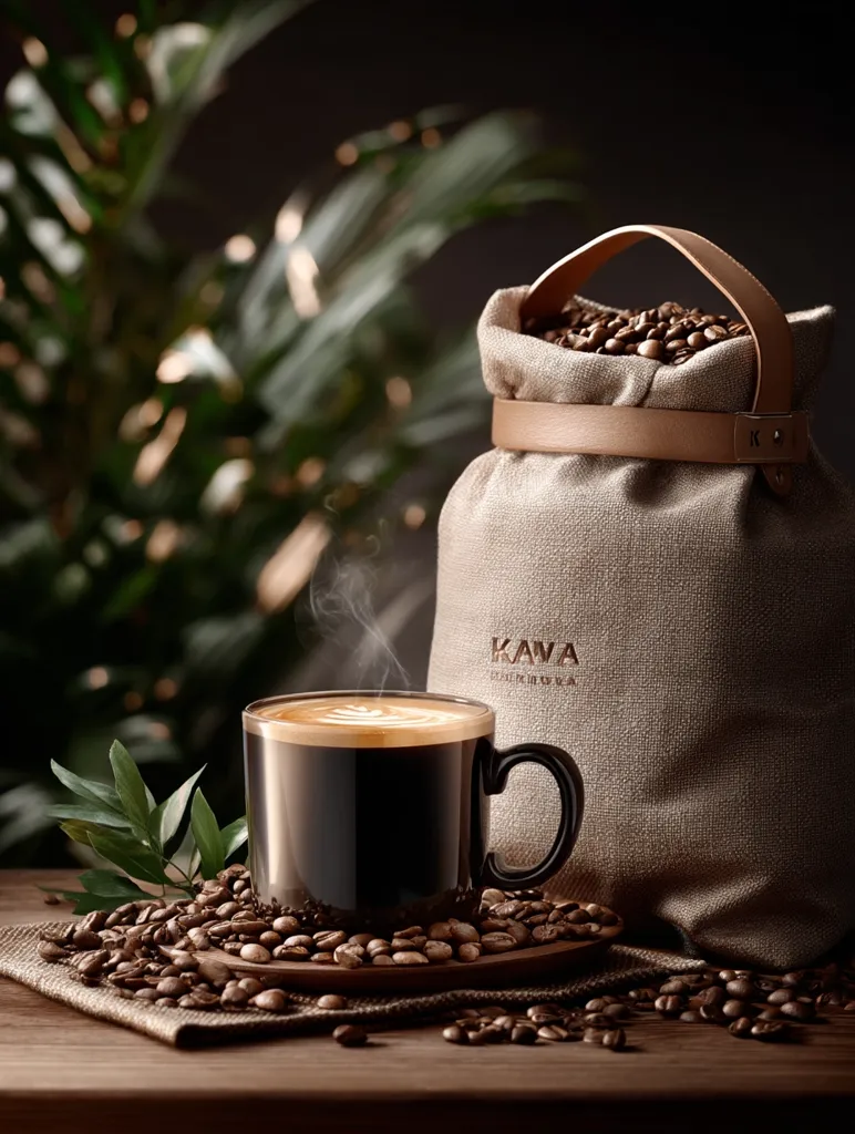 A steaming cup of coffee with latte art sits on a wooden surface surrounded by roasted coffee beans.  A burlap sack, labeled "Kava," filled with more beans, rests nearby.  Green foliage provides a natural backdrop, creating a warm, inviting ambiance suggestive of a coffee shop or home brewing experience. The scene is meticulously styled with a focus on rich textures and color.