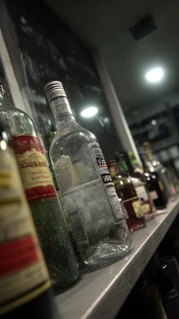 A dimly lit liquor shelf displays various bottles of alcohol.  A partially visible bottle of vodka is prominently featured in the foreground, alongside other partially visible bottles of wine and spirits. The bottles are dusty, suggesting infrequent use or a lack of regular cleaning. The setting appears to be a home bar or storage area with a chalkboard in the background. The overall mood is dark and somewhat cluttered.