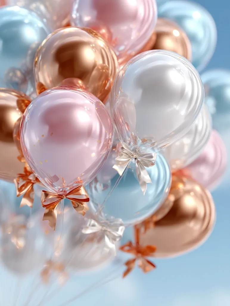 A cluster of pastel-colored balloons floats against a soft blue sky.  The balloons are in shades of rose gold, blush pink, light blue, and transparent, adorned with delicate, rose gold ribbons tied in bows.  The image evokes a feeling of celebration and gentle joy.  The light reflects beautifully off the glossy surfaces of the balloons, creating a dreamy, ethereal effect.