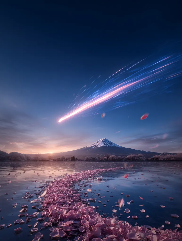A breathtaking sunrise illuminates Mount Fuji, its snow-capped peak rising majestically above a serene lake.  Pink cherry blossoms float on the calm water, forming a delicate path leading towards the mountain. A vibrant meteor streaks across the twilight sky, adding a touch of magical wonder to the already picturesque scene. The image evokes a sense of peace and ethereal beauty.