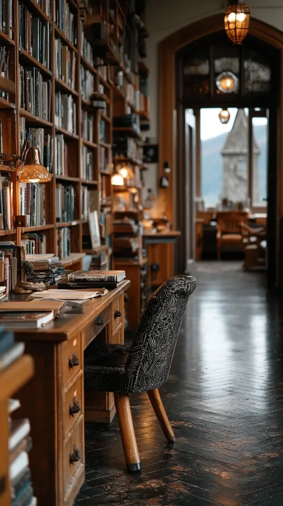 A dimly lit study with floor-to-ceiling bookshelves filled with countless books. A wooden desk sits beneath a lamp, adorned with papers and books. A dark, patterned chair rests beside the desk, facing a long hallway leading to a window overlooking a distant landscape. The warm lighting casts a comforting glow upon the rich wood and antique furnishings, creating a serene atmosphere.