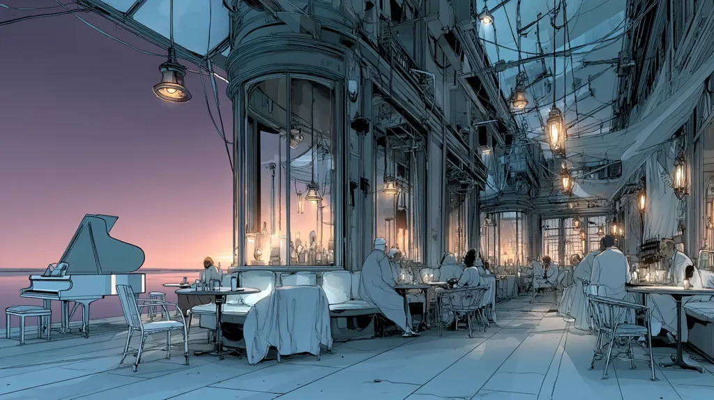 A grand, outdoor restaurant at sunset is depicted in a stylized illustration.  A white grand piano sits near the water's edge, adjacent to tables where patrons are seated. The building's architecture is ornate and detailed, with large windows showcasing an interior bar.  String lights hang overhead, creating a warm ambiance. The scene suggests a sophisticated and tranquil atmosphere.