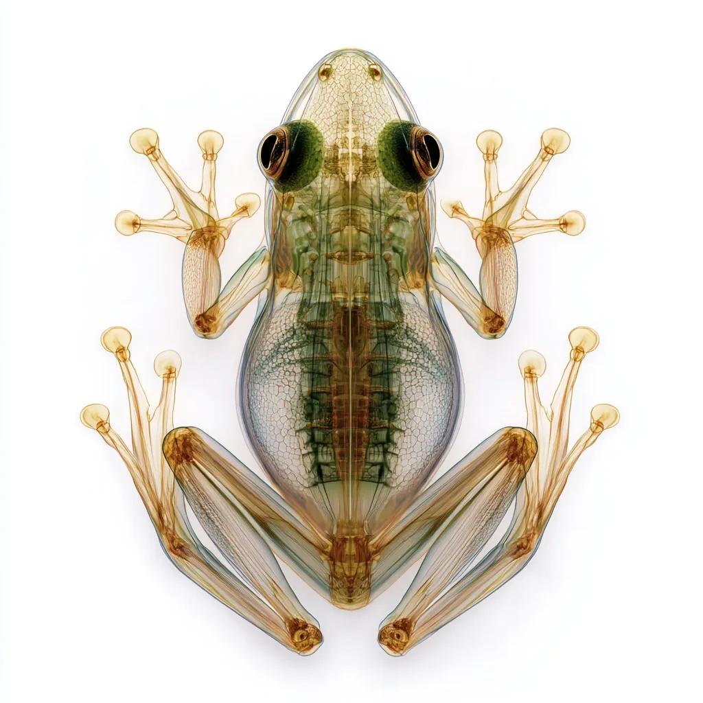 A transparent X-ray image reveals the intricate skeletal structure and internal organs of a small frog.  Its delicate bones and musculature are clearly visible,  along with its large, prominent eyes.  The frog is depicted in a dorsal view, its limbs splayed, offering a detailed anatomical study. The image is set against a stark white background, emphasizing the subject's translucent form.