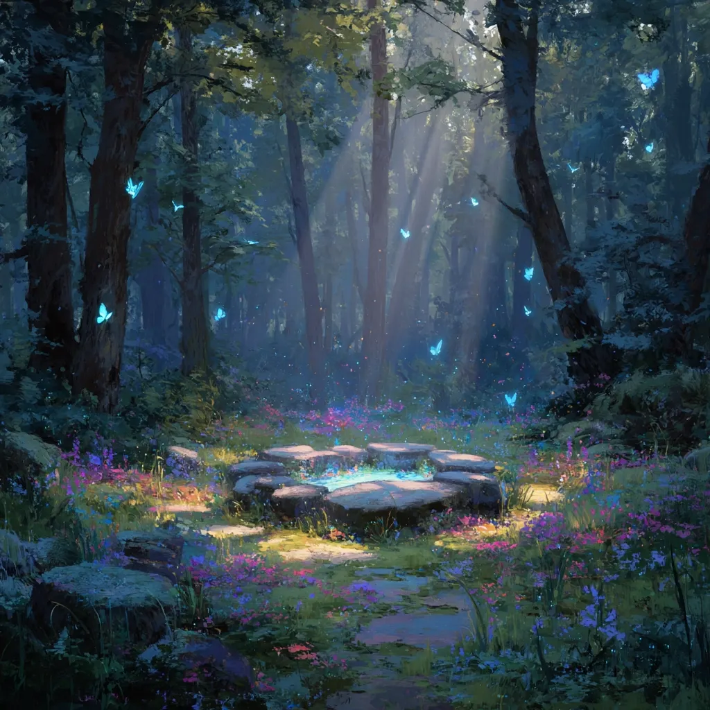 A serene forest clearing bathed in ethereal light.  A circular stone structure surrounds a pool of glowing water, encircled by vibrant wildflowers.  Numerous luminous blue butterflies dance amidst the sunlit trees, creating a magical, mystical atmosphere.  The scene evokes a sense of peace and wonder, hinting at a hidden, enchanted place.