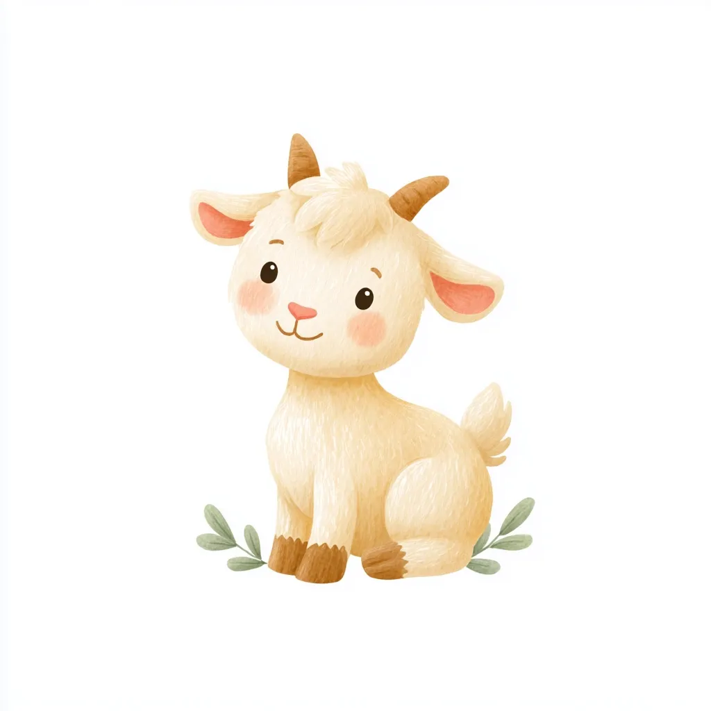 A cute, cartoonish illustration of a baby goat.  The goat is pale yellow with brown horns and hooves. It has large, expressive eyes and a sweet expression.  It is sitting down, surrounded by small green leaves, against a plain white background. The style is soft and whimsical, suitable for children's books or illustrations.