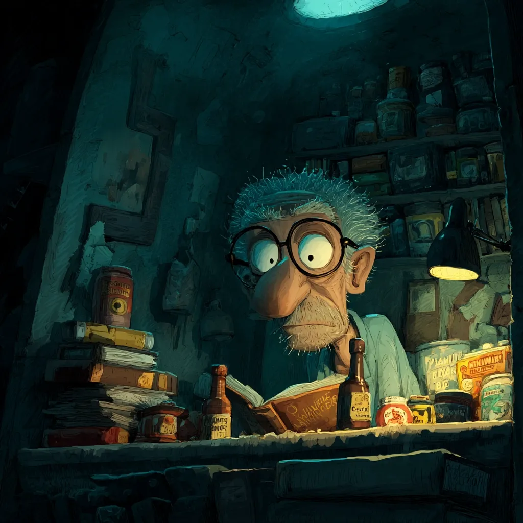 An elderly man with a prominent nose and round glasses sits in a dimly lit, cluttered room. He's engrossed in a book, illuminated by a desk lamp.  Surrounding him are stacks of books, jars, and various containers, suggesting a workshop or study filled with collected objects. The overall atmosphere is dark and mysterious, hinting at a hidden world of knowledge and secrets.