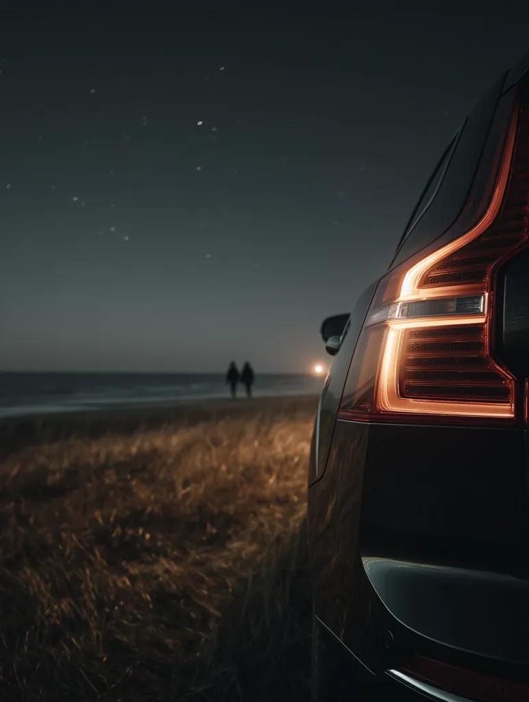 The rear of a dark-colored Volvo SUV is prominently featured, its taillights glowing brightly against the twilight sky. In the background, two indistinct figures stroll along a beach under a starlit sky.  The scene evokes a sense of peaceful solitude and journey's end.  Dry, golden grass stretches between the vehicle and the distant figures.