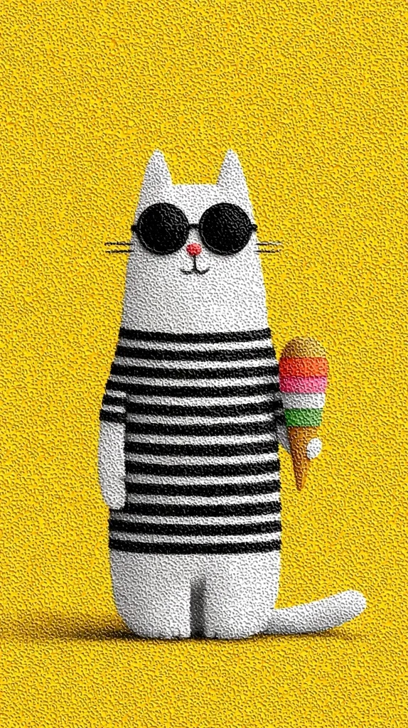 A cool cat, wearing black and white striped shirt and sunglasses, stands against a bright yellow background.  The cat holds a three-scoop ice cream cone. The illustration style is textured and slightly cartoonish. The overall mood is cheerful and summery.